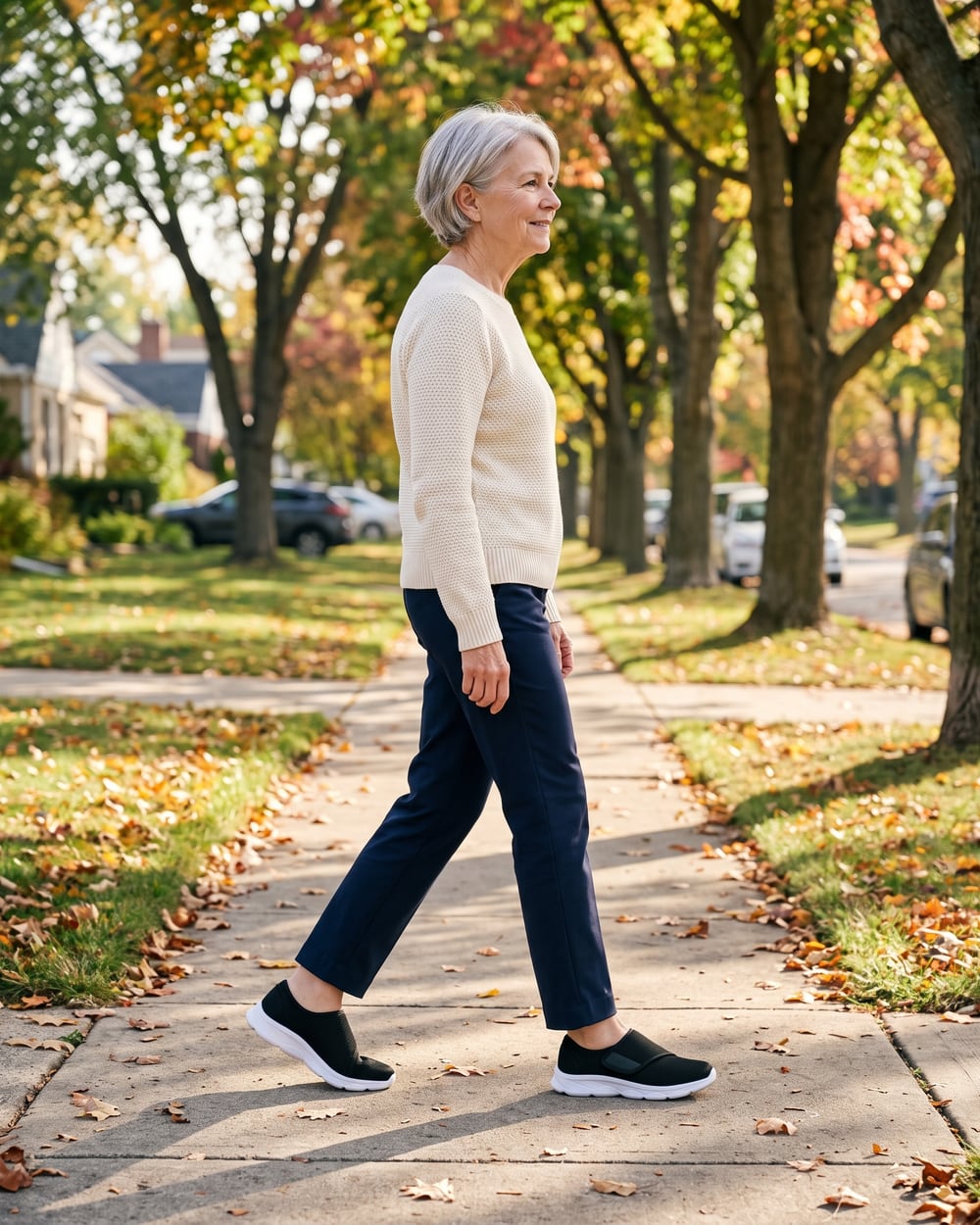 Walking on a tree-lined sidewalk